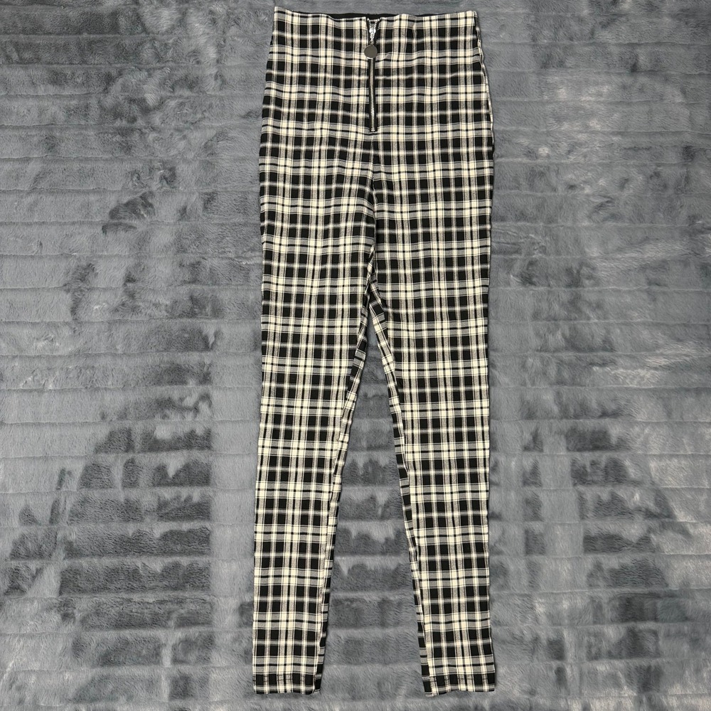 Zara Plaid Leggings Women S Black White High Rise Front Zip Skinny Tartan Pants